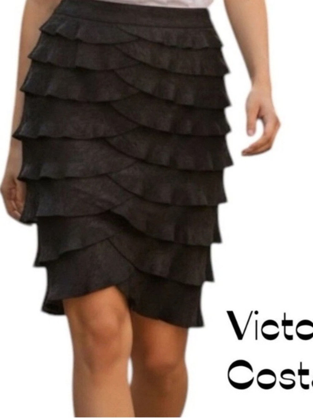 Vintage Victor Costa Black Tiered iridescent Ruffle Pencil Skirt